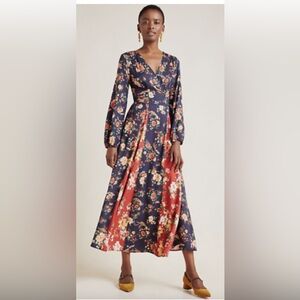 Anthropologie Farm Rio for A. Garcia Wrap Navy and Red Floral Maxi Dress